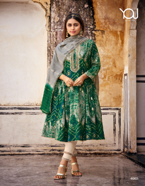 green top- finest quality of rayon festive gold print with liva approved fabric i pant- original strechable lycra pant with fancy bottom patterns i dupatta- fancy & heavy dupatta  fabric printed work festive  