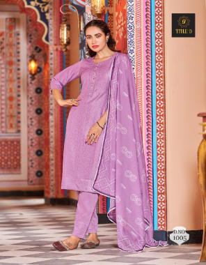 purple top- pure rasian silk with crosed work with sequence i inner- butter crape full inner i pant- pure rasian silk with pocket and crosed work border i dupatta- pure soft organza with print and 4 side cotton lace border  fabric sequence work  work running 