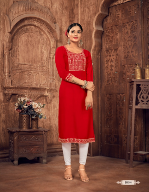 red 14 kg rayon with embroidery work  fabric embroidery  work festive 
