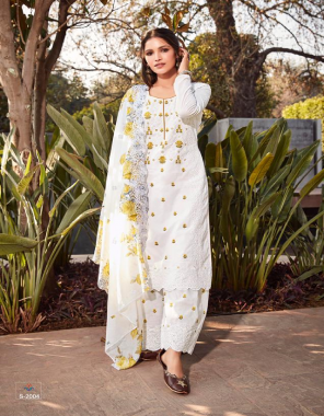 white top front- pure lawn with full shirt embroidery & shifli + abla work + fancy work in daman i back- dyed plain dyed i dupatta- pure lawn digital print with both side border embroidery + abla work + i bottom- pure lawn dyed embroidery + schiffli + abla work i bottom- pure lawn dyed embroidery + schiffli +abla + fancy handwork fabric embroidery  work party wear 
