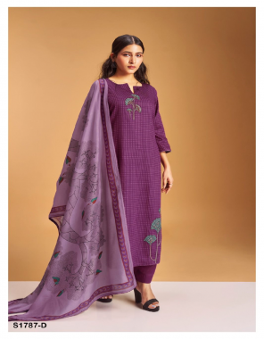 purple top- cotton silk printed with embroidery and lace on daman i bottom- cotton solid colour i dupatta- finest bemberg lawn printed with four side printed lace  fabric embroidery  work festive 