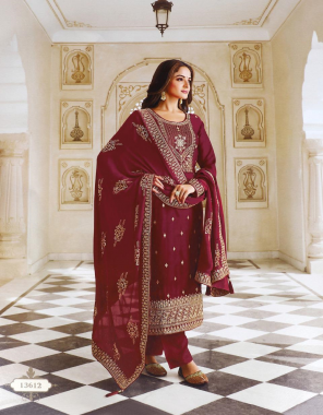 maroon top- heavy dola silk embroidery sequence + cording work with less sleeve - heavy dola silk sequence + coding work bottom- heavy santoon bottom cut 2.10 m + bottom inner i heavy santoon top inner - heavy santoon silk with joint top dupatta- heavy dola silk sequence + coding work with 4 side lace length- max upto 50