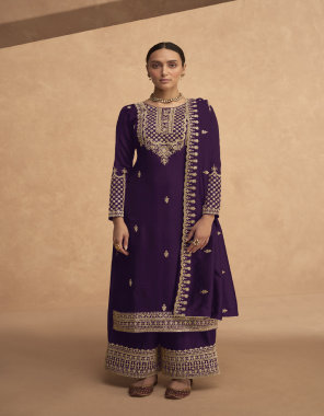 purple heavy fox georgette with embroidery coding + sequence work with lace  fabric embroidery  work running 