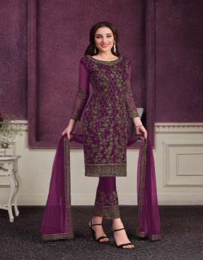 purple top front- heavy butterfly net with embroidery & coding work i bottom- heavy japan satin with embroidery work i top inner- heavy japan satin i dupatta- heavy 4 side embroidery cording work lace i length-  max upto 48