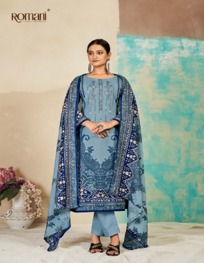 sky blue top- premium soft cotton digital style print with heavy embroidery work and swarovski work (2.50 m) i bottom- soft cotton salwar (3 m apx.) i dupatta- soft cotton mal mal dupatta (2.30 m) fabric embroidery  work casual 