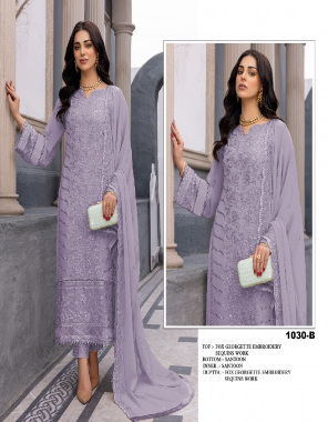 purple top- heavy foux georgette with heavy embroidery & sequence work with top less i sleeves- heavy faux geoprgette embroidery & sequence work i top inner- attach heavy santoon i bottom- heavy i dupatta- heavy embroidery work + 4 side less i top length- max upto 48 i type- semi stitched  fabric embroidery  work casual  