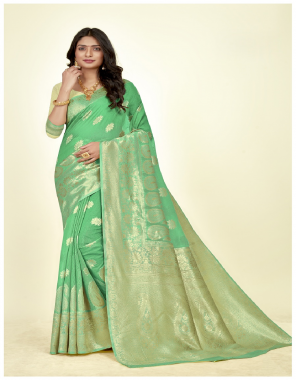 green saree- linen silk jacquard i blouse- zari jacquard  fabric weaving  work running 