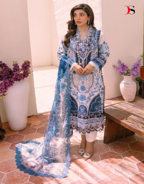 blue top- cotton print with heavy embroidery patches i bottom- cotton solid i chiffon print (pakistani suit) fabric embroidery  work festive 