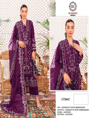 purple top- heavy georgette with heavy embroidery (3mm) glitter sequence work i sleeves- heavy georgette with heavy embroidery (3mm) glitter sequence work i top inner- attach heavy santoon i bottom- heavy santoon with embroidery work lace i dupatta- heavy georgette with heavy embroidery 4 side (3mm) sequence work lace i top length- max upto 48 inch i type- semi stitched fabric embroidery  work party wear 
