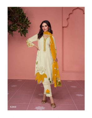yellow top- faux georgette with embroidery work i bottom- dull santoon i dupatta- georgette with embroidery work i size- semi stitch (master copy) fabric embroidery  work casual 