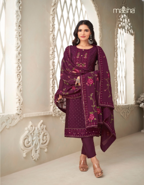 purple top- pure chinon with embroidered delicate handwork on gala i bottom + inner- pure santoon i dupatta- pure chinon with heavy embroidery and laces (unstitched) fabric embroidery  work running 