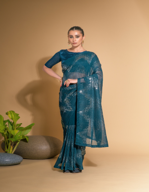 rama saree- heavy georgette saree crafted with 3 mm beautiful sequence embroidery work in double run thread back patch i blouse- satin banglori i saree size- 5.50 m, blouse piece- 0.80 m fabric embroidery  work running 