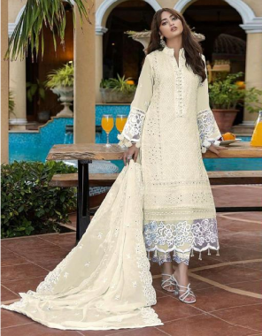 white top- heavy georgette beautiful with fancy embroidery work moti work i bottom- heavy santoon i inner- heavy santoon i dupatta- nazmeen dupatta embroidery work fancy less (pakistni copy) fabric embroidary  work party wear 