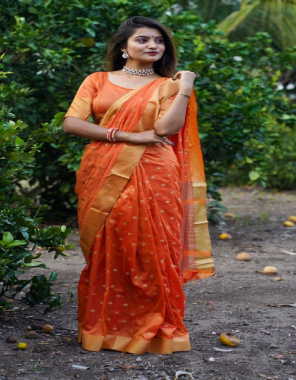 orange banarasi silk saree with unstitched blouse  fabric weaving  work running 