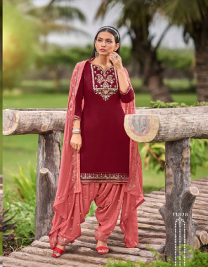 maroon top- jam silk top with embroidery work with inner i bottom- heavy rayon with embroidery work i dupatta- chiffon work 4 side less  fabric embroidery work  work festive 