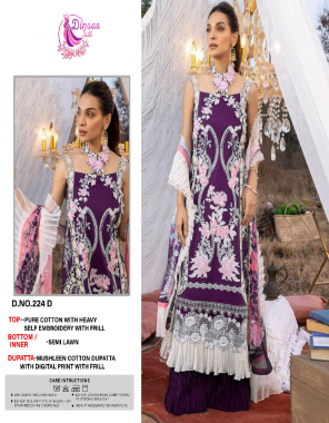 purple top- pure cotton with heavy self embroidery with frill i bottom- semi lawn i inner- semi lawn i dupatta- muslin cotton dupatta with digital print with frill  fabric embroidery  work festive 