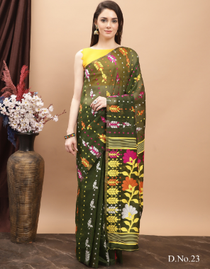green jamdani cotton saree with 5.50 m length (without blouse) fabric printed work wedding 