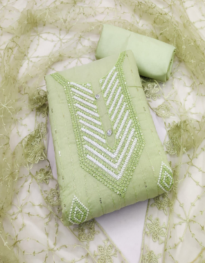 green top- chanderi cotton i bottom- santoon i inner- santoon i dupatta- net work  fabric embroidery  work festive 