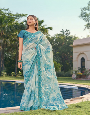 sky blue flower print organza saree with hatli worked border  fabric printed  work running 