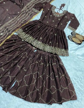 brown  top - chinon ( fully stitched ) | top & plazzo inner - micro silk | top length - 36 inches | plazzo - chinon silk with sequance work ( fully stitched ) | plazzo length - 42 inches | dupatta - heavy chinon silk with fancy border work ( 2.40 m)  fabric embroidery work festive 