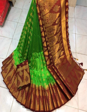 light green + brown nylon silk  fabric golden printed work party wear 