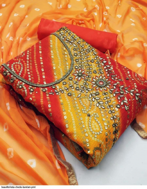 orange + yellow top-bandhani print | bottom inner - santoon | dupatta - nazmin fabric handwork work casual  