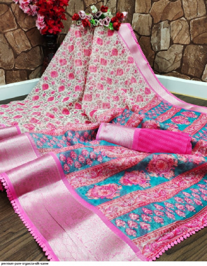 pink organza silk fabric printed work wedding  