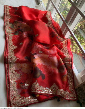 red pure organza silk fabric printed +hand coding work ethnic 