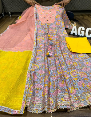 multi cotton anarkali kurti bottom dupatta fabric embroidery + fancy work party wear  