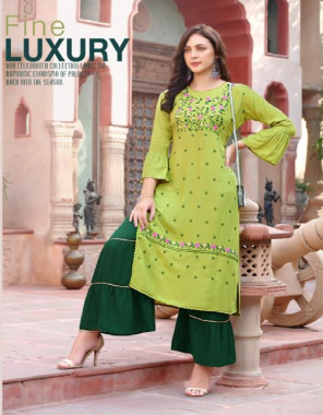 light green rayon fabric top-heavy rayon with fancy embroidery work|sharara- rayon slub with plits work wedding 