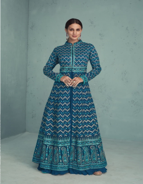 blue top - heavy fuax georgette with embroidery ( 3mm sequance ) work with cottons thread work  | dupatta - heavy nazmeen chiffon | bottom - heavy santoon 2.25 m | top inner - heavy santoon with joint top | length - max upto 57 