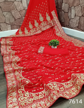 red saree - georgette | blouse - running fabric heavy embroidery + full hand work work wedding 
