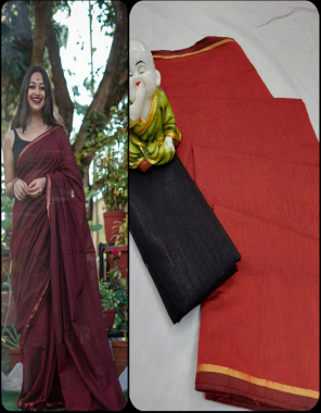 red saree - chanderi linen 5.5m | blouse - banglori satin with jari border 0.8m fabric plian work running 