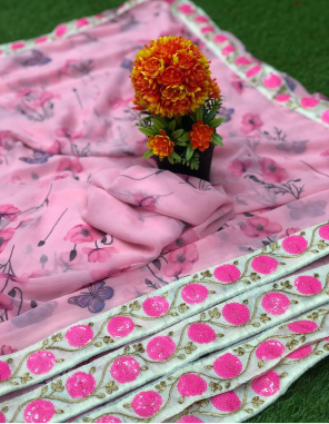 pink saree - georgette printed sequence | blouse - banglori silk fabric printed + sequence  work ethnic 