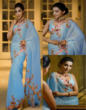 sky heavy kasturi silk georgette  fabric dori with fancy thread  work casual  