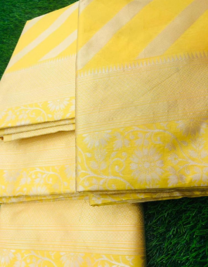 yellow soft lichi silk fabric silver weaving work running  