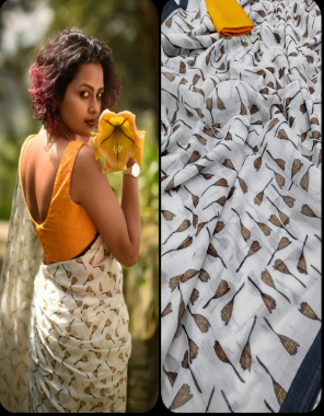 white  saree - soft linen digital print saree with sliver jari border | blouse - banglori satin plain fabric digital print work wedding  
