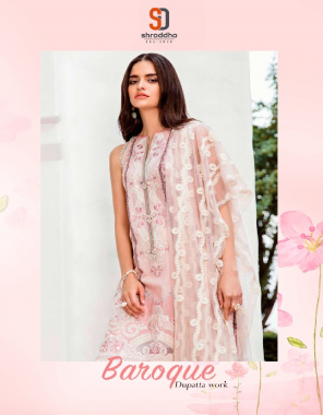 peach top - lawn cotton printed with heavy embroidery | bottom - semi lawn with designer work | dupatta - butterfly net with heavy embroidery  fabric embroidery work festive 