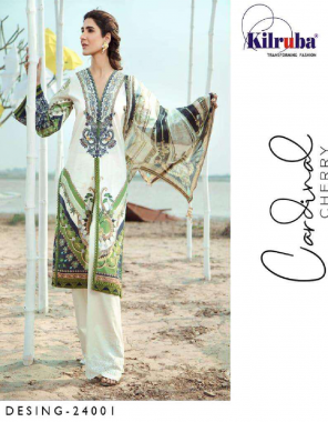 white  top - luxury lawn cotton with beautiful print all over front and back printed | bottom - semi lawn | dupatta - chiffon digital print | type - semi stitch | size - fits upto 56  fabric printed work wedding  