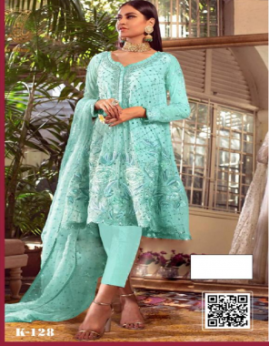 sky top - georgette with beautiful zari resham embroidery | bottom +  inner - santoon | dupatta - chiffon with two side | type - semi stitched | size - fits up to 68 | length -43 fabric embroidery + resham work party wear  