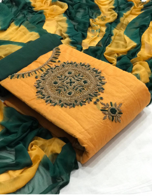 yellow top - modal chanderi silk 2m | bottom - santoon silk 2m | inner -santoon silk 1.60m | dupatta - nazmeen shibori 2.20m fabric handwork work running  