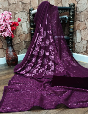 wine  saree - soft georgette |blouse - heavy viscose velvet fabric sequance zari embroidery  work ethnic 