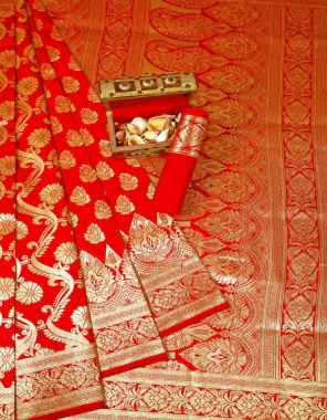 red soft banarasi silk fabric weaving jacqaurd  work wedding 