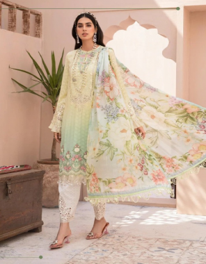light pista top - pure heavy quality material heavy cotton with beautiful digital print embroidery | bottom - pure heavy lawn cotton with patch work | dupatta -chiffon digital print  fabric embroidery digital print work festive  