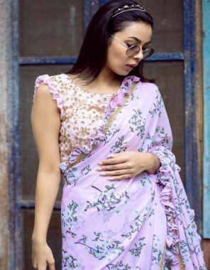 light pink saree - georgette|blouse - banglori silk fabric printed work ethnic 