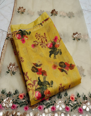 yellow top - modal lining | bottom + inner - santoon silk | dupatta - organza gotta patti work fabric embroidery printed work wedding  