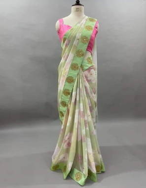pista saree - georgette | blouse -banglori silk fabric printed work wedding  