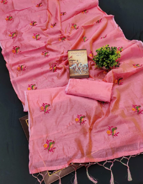 pink soft chanderi cotton fabric embroidery work wedding  