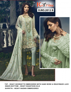 pista top - heavy georgette embroidery with handwork & readymade lace | bottom + inner - heavy santoon silk | dupatta - heavy naznin embroidery | type -semi stitch fabric embroidery sequence  work wedding  