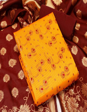 yellow  top - banarasi silk (2m )50panna | bottom - heavy silk (2m) 56panna | dupatta - jacqaurd weaving (2.30m)24panna  fabric jacqaurd weaving  work running  